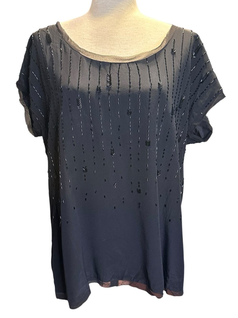 Eileen Fisher 100% Beaded Silk De Chine Cap Sleeve Lightweight Blouse Size L